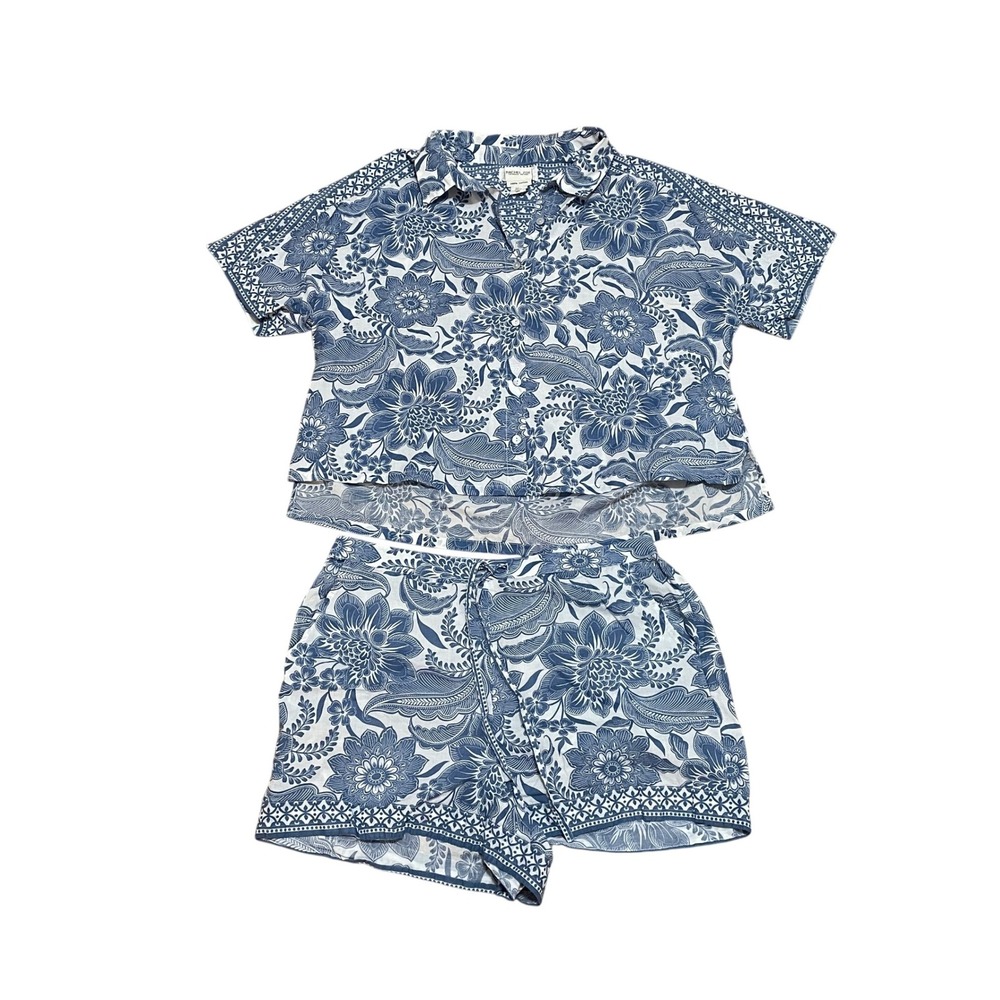 Rachel Zoe Women's Large Blue White Floral Cotton 2 Piece Set Shirt Shorts Light